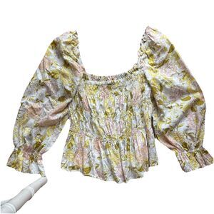 Who What Wear Size S Cotton Smocked Balloon Sleeve Floral Boho Blouse Top